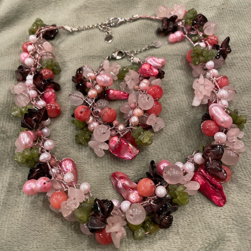 Gorgeous Beaded Multi Stone on Multi Strands Necklace and Bracelet Set.
